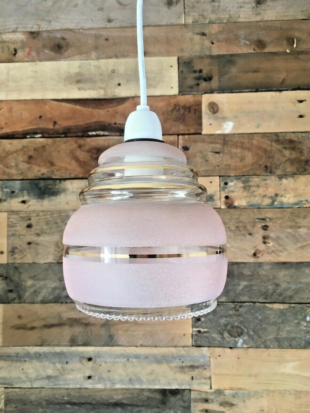 Art Deco Pink Sugar Frosted Beehive Gilded Bands Glass Lamp Light Shade photo vintage