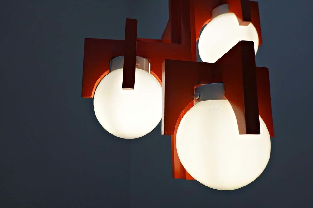 Mid Century Red Lacquered Wood And Opaline Suspension, Italy 1970s photo vinterior