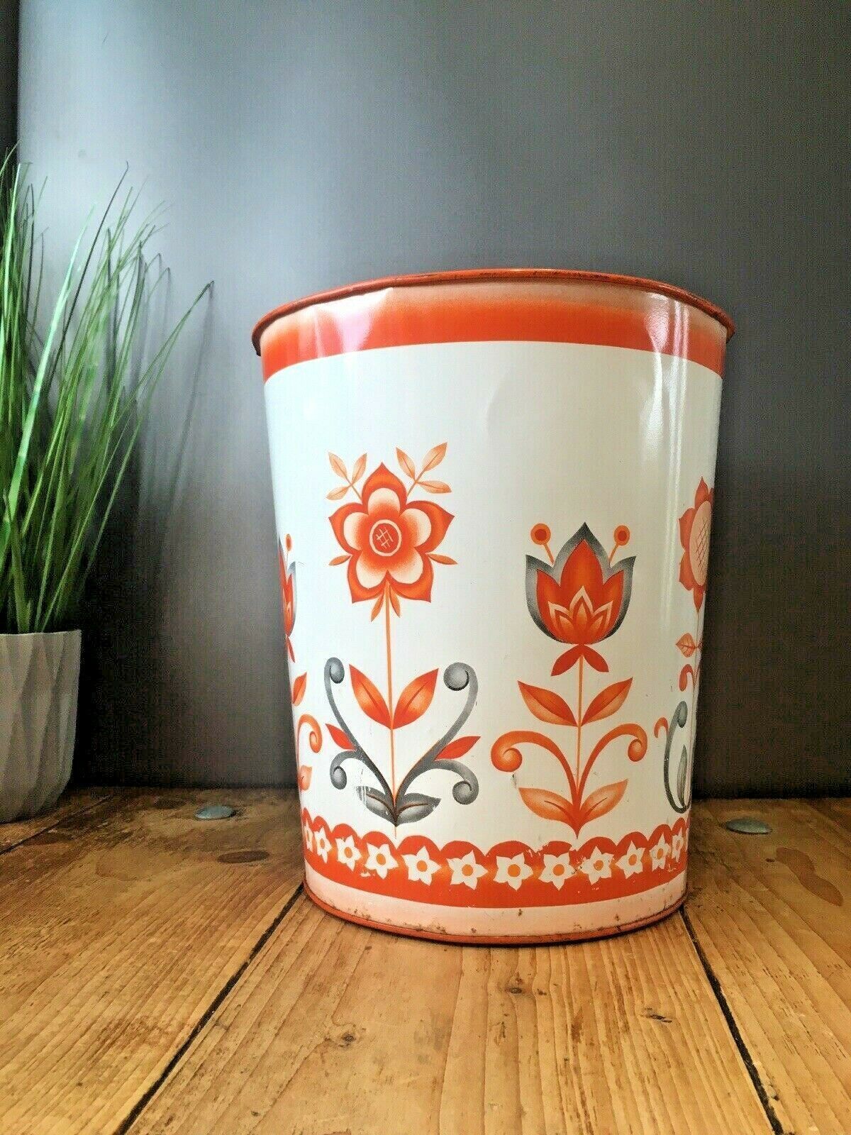 Retro 60's 70's Orange Floral Worcester Ware Tudor Tin Waste Paper Bin Scandi
