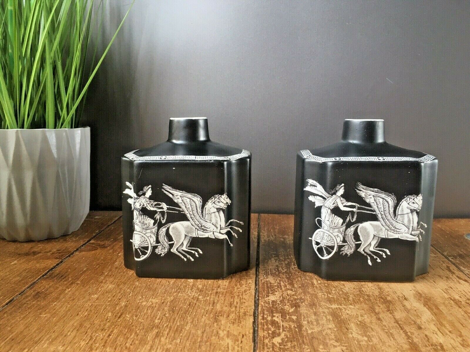 Beautiful Rare Pair Of Antique Neoclassical Adams Pottery Black Chariot Vases photo furniture