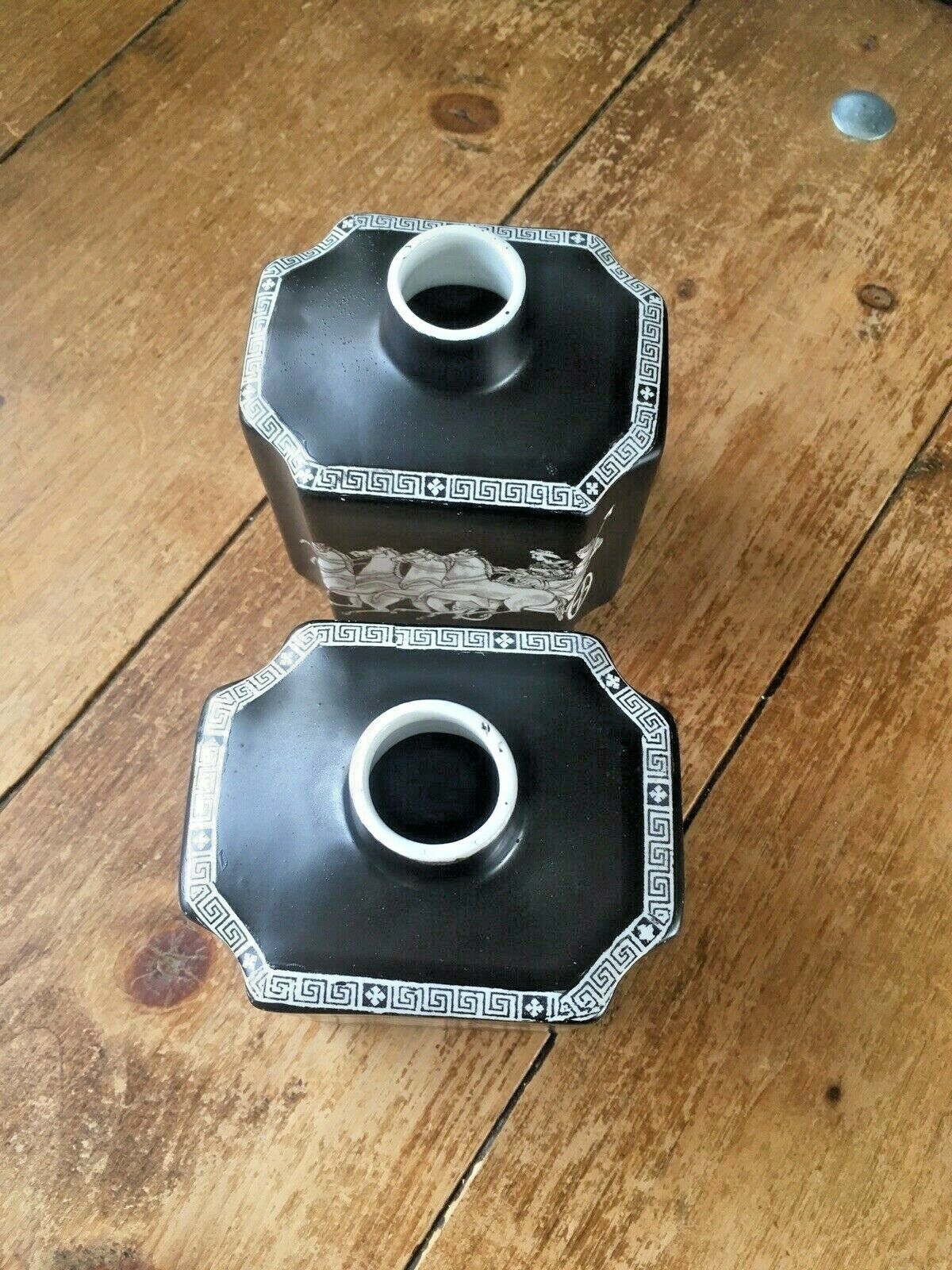 photo for sale Beautiful Rare Pair Of Antique Neoclassical Adams Pottery Black Chariot Vases