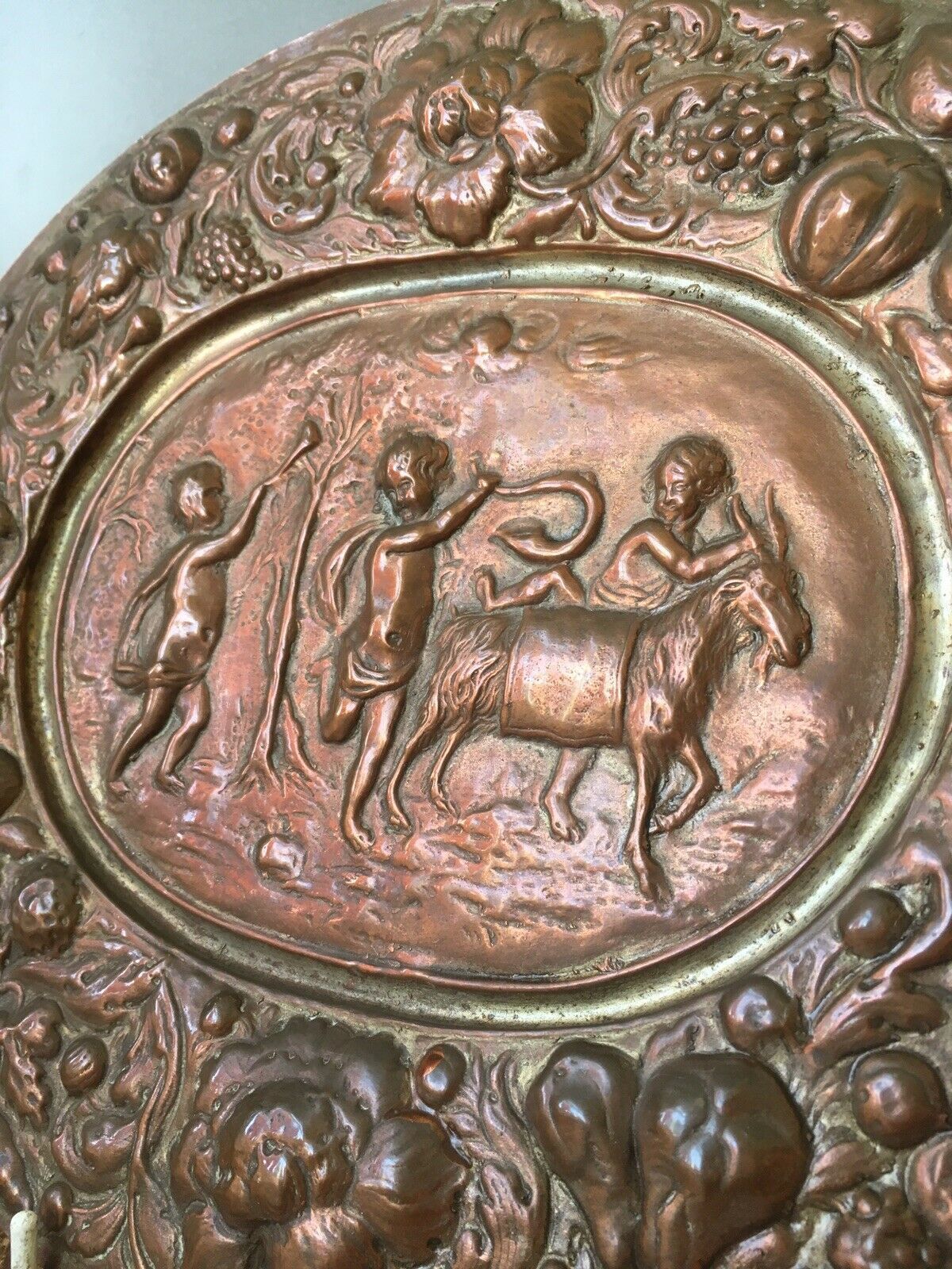 Antique Heavy Copper Plated Repousse Goat Cherub Neoclassical Scene Wall Plaque photo furniture
