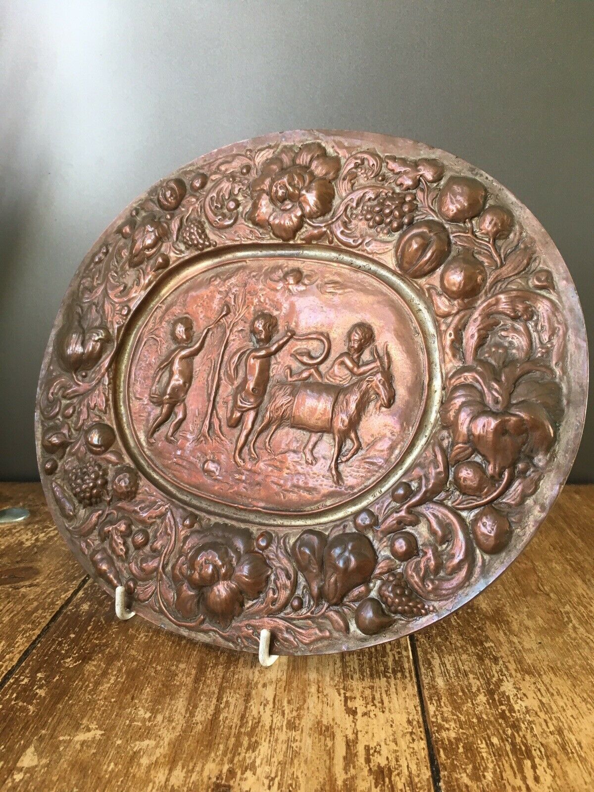 Antique Heavy Copper Plated Repousse Goat Cherub Neoclassical Scene Wall Plaque photo 55.0