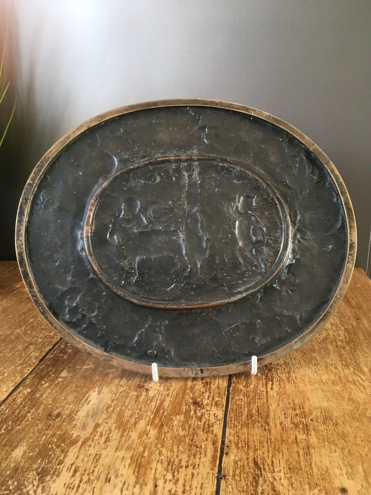 Antique Heavy Copper Plated Repousse Goat Cherub Neoclassical Scene Wall Plaque photo vintage