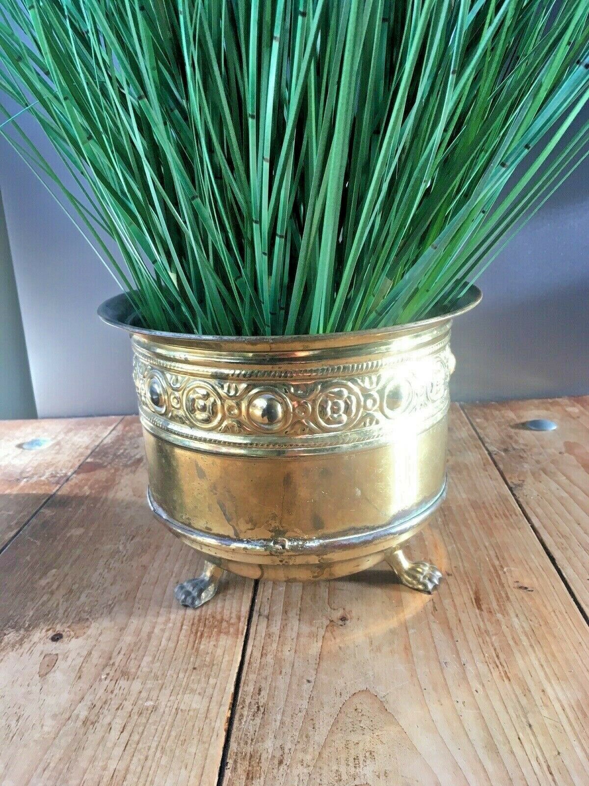 Vintage Brass Floral Rosettes Lions Foot Planter Flower Plant Pot Boho Antique photo furniture