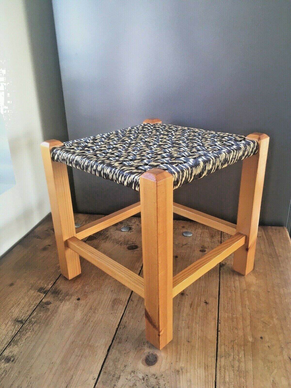 Brown & Yellow Retro Woven Raffia String Pine Footstool Mid Century Modern Stool photo furniture