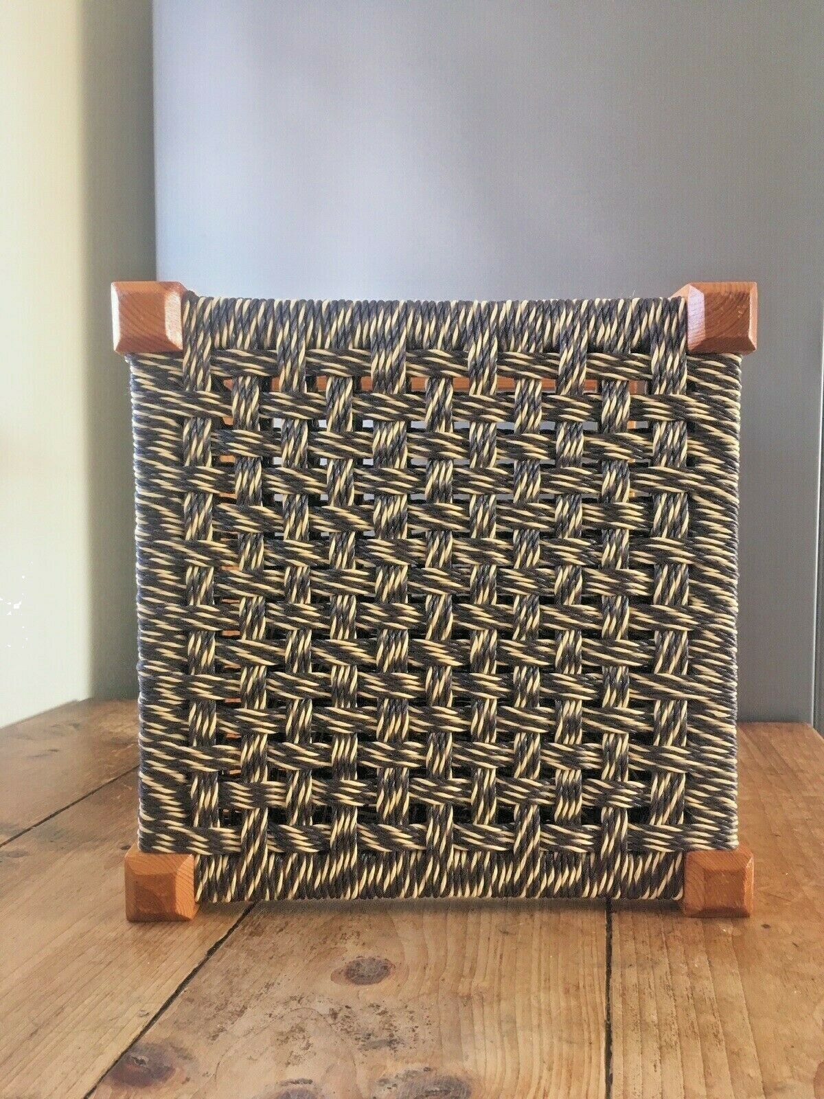 Brown & Yellow Retro Woven Raffia String Pine Footstool Mid Century Modern Stool photo for sale