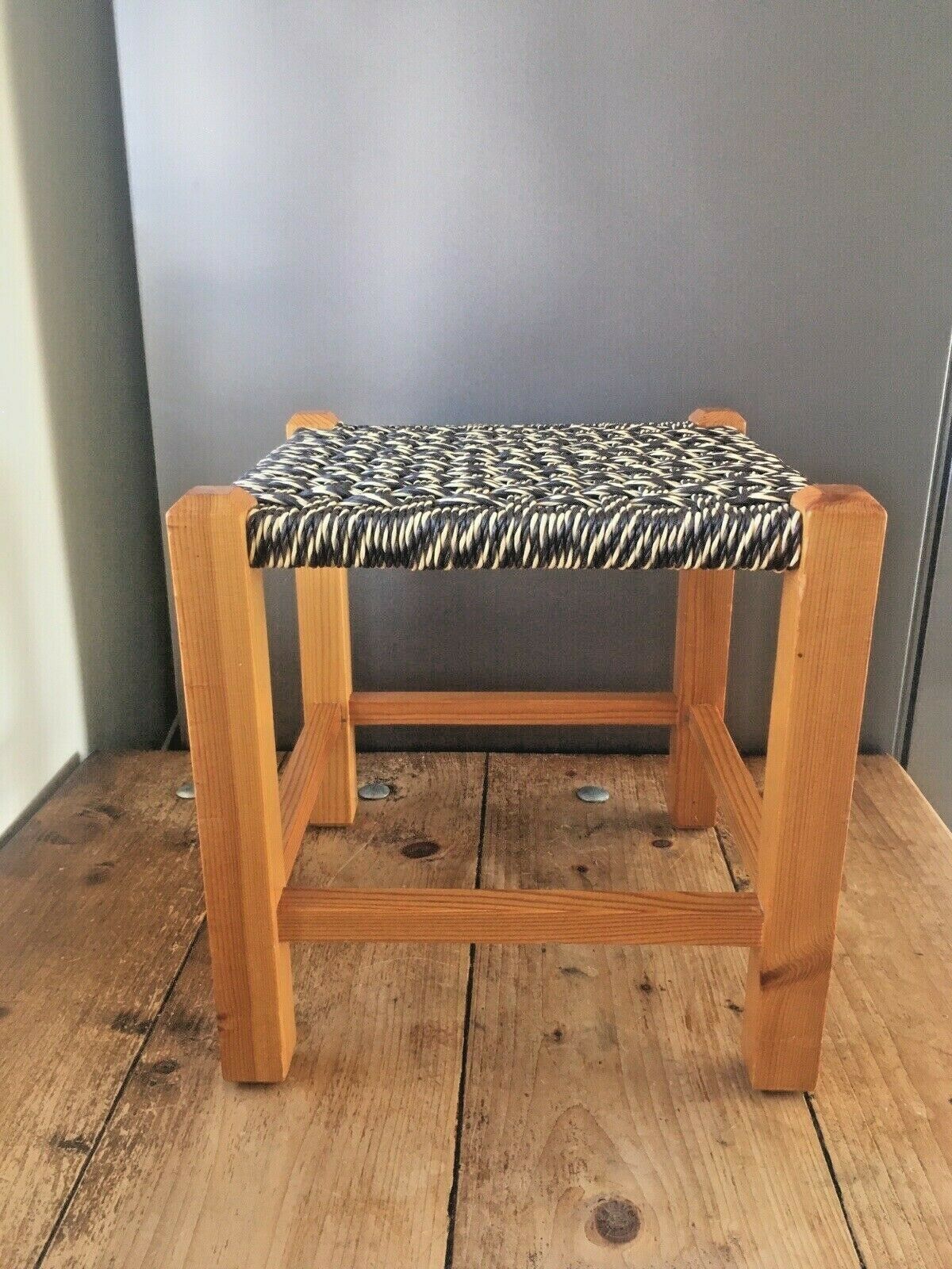 Brown & Yellow Retro Woven Raffia String Pine Footstool Mid Century Modern Stool photo buy