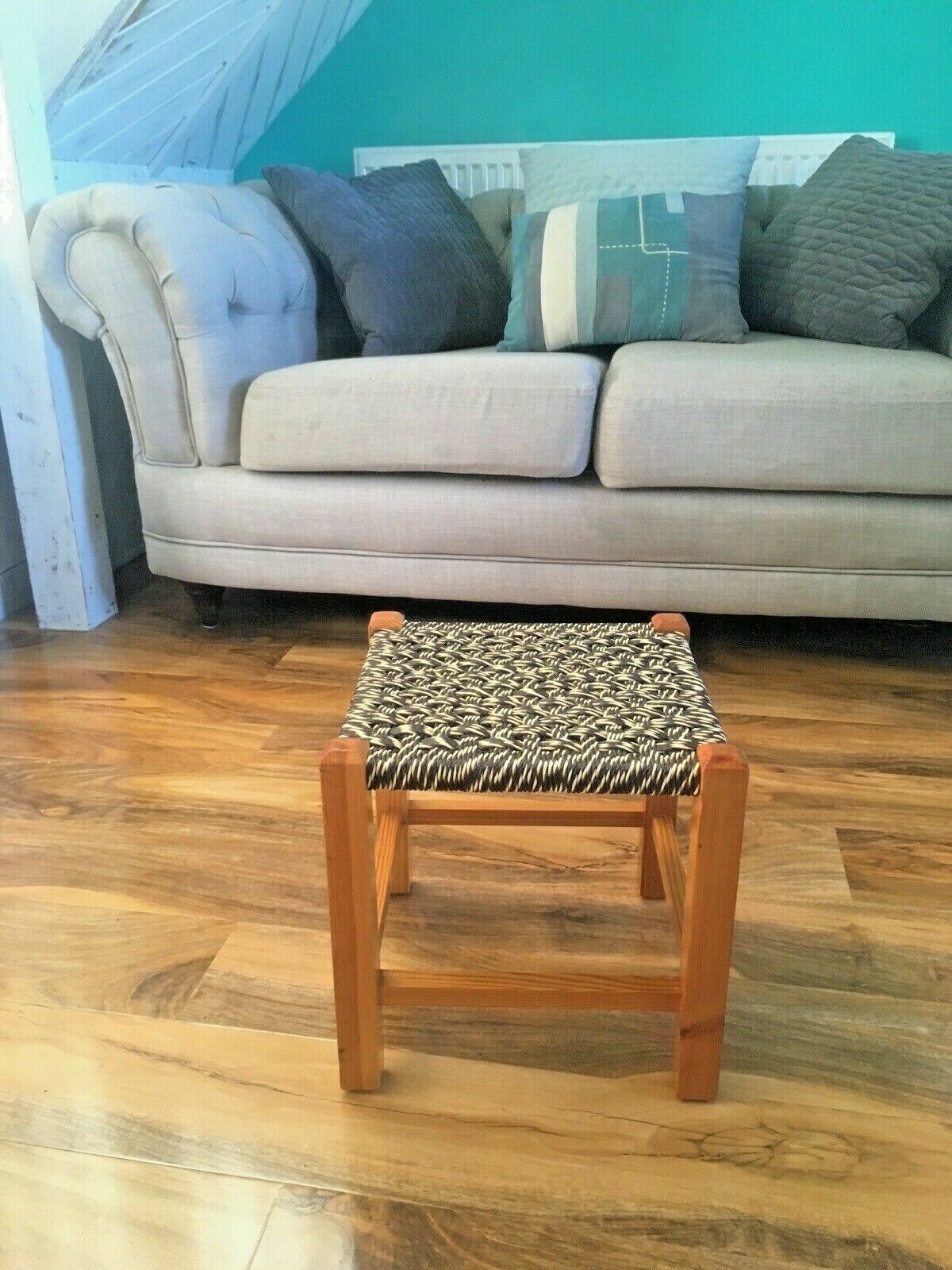 Furniture Brown & Yellow Retro Woven Raffia String Pine Footstool Mid Century Modern Stool photo