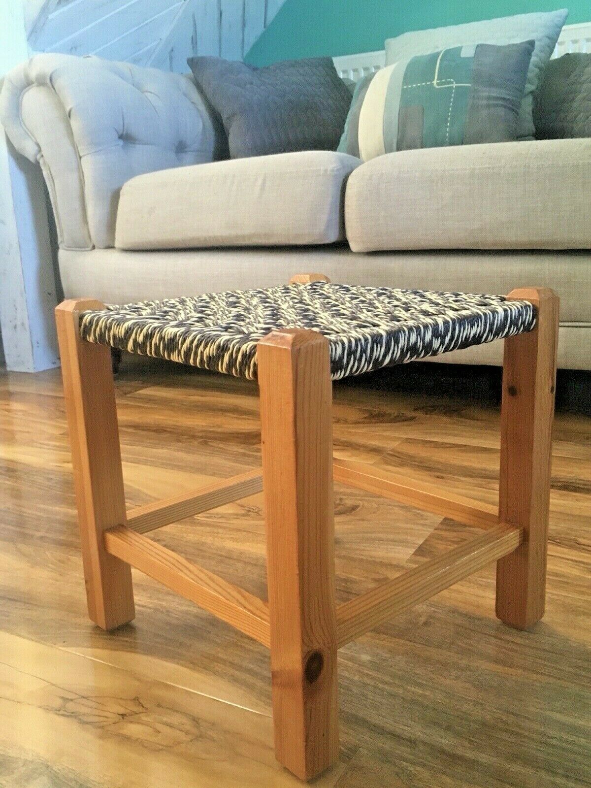 50.0 Brown & Yellow Retro Woven Raffia String Pine Footstool Mid Century Modern Stool photo