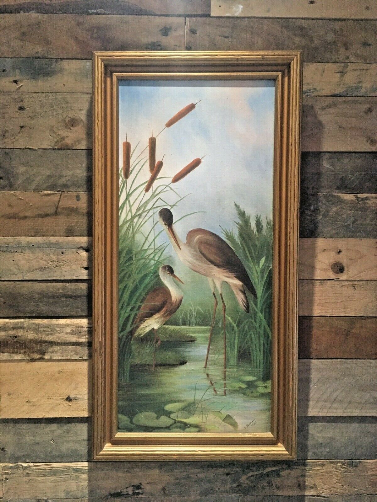 Aesthetic Movement Style Pond Herons Cattails Lily Pad C.Russell Framed Painting photo for sale