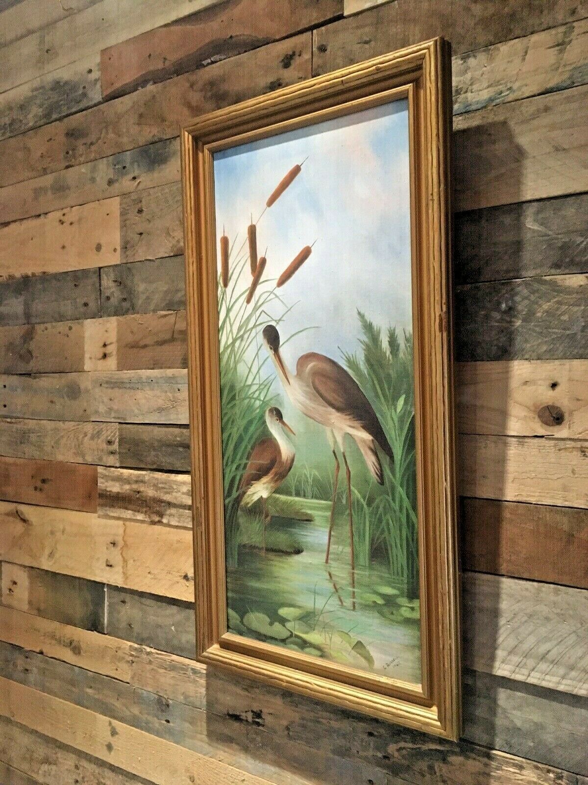 Aesthetic Movement Style Pond Herons Cattails Lily Pad C.Russell Framed Painting photo 240.0