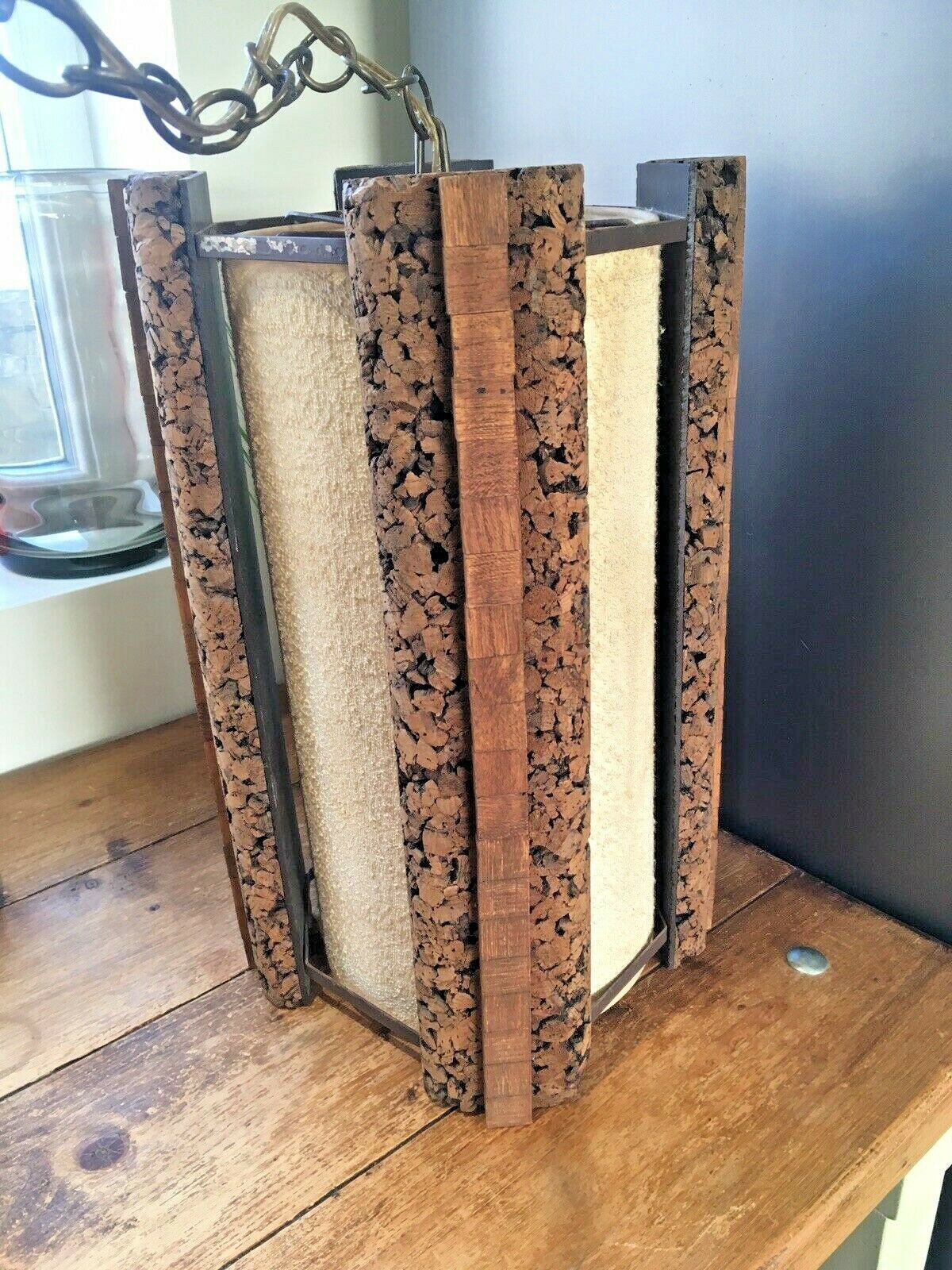 Huge Mid Century 1960's Danish Cork & Teak Ceiling Light Fabric Shade Mcm Scandi photo 320.0