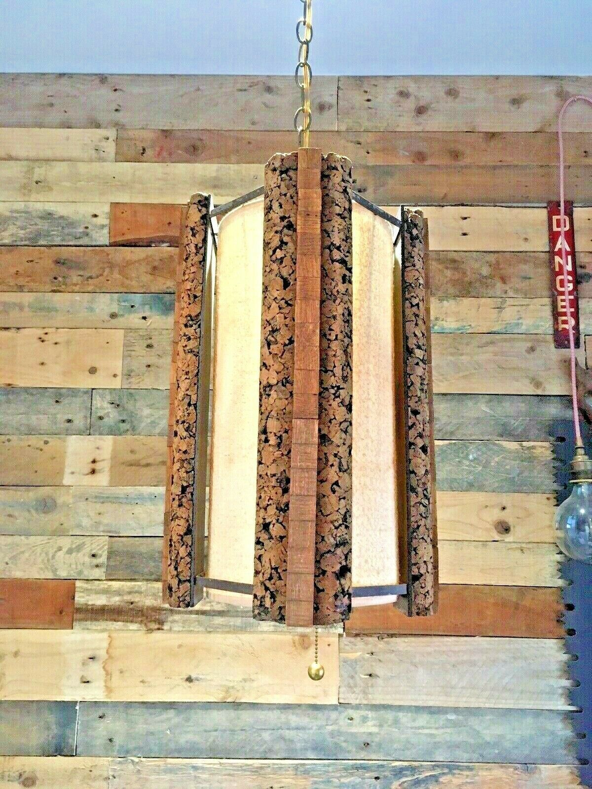 320.0 Huge Mid Century 1960's Danish Cork & Teak Ceiling Light Fabric Shade Mcm Scandi photo
