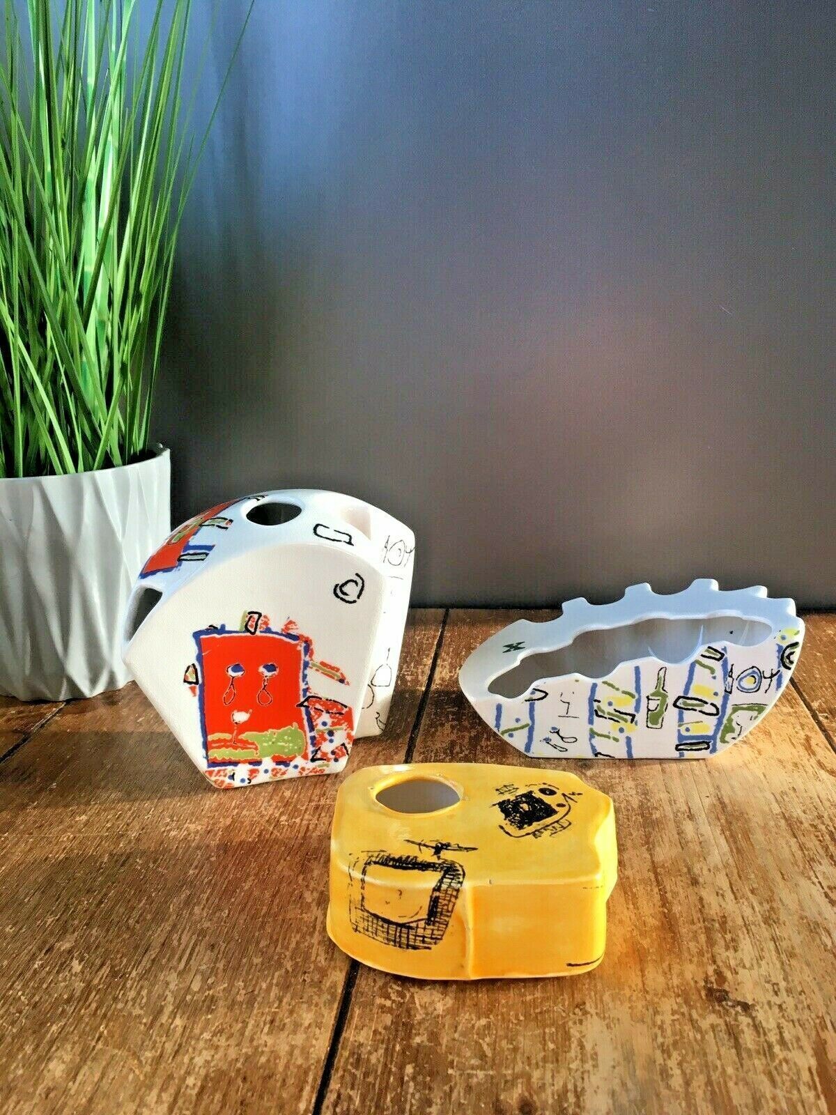 3 Unusual Mid Century Modern Pottery Vases Unknown Maker 60's 70s Italian Conran photo for sale