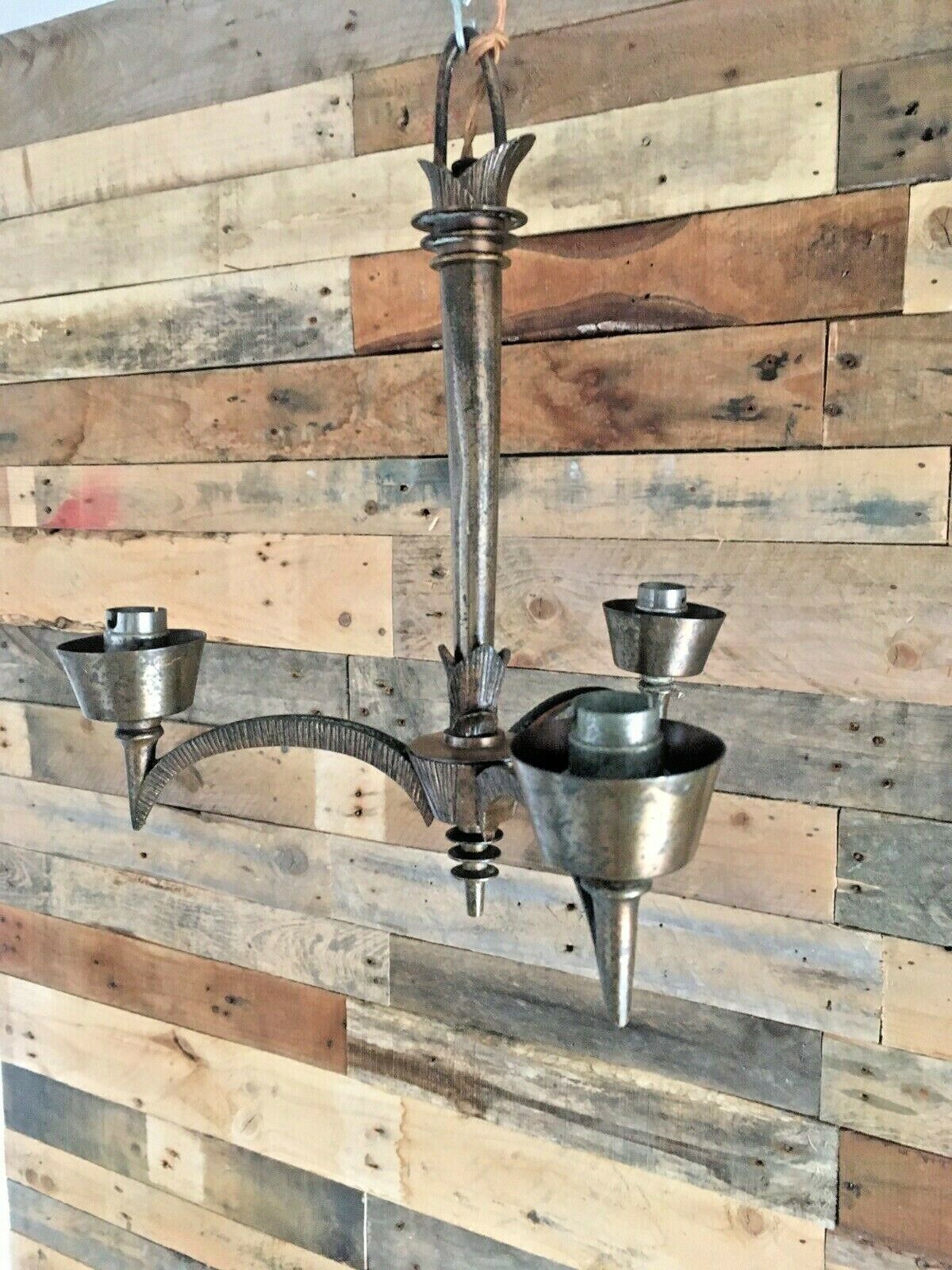 Unusual Antique 1920's French Bronze 3 Arm Ceiling Light Chandelier Gothic Discs photo furniture