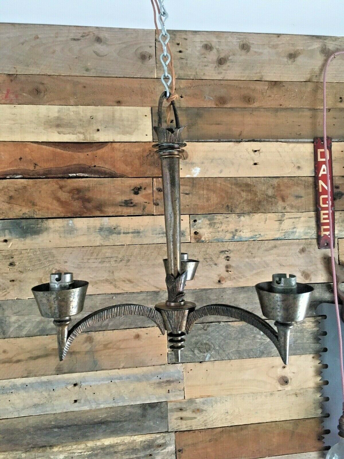 Unusual Antique 1920's French Bronze 3 Arm Ceiling Light Chandelier Gothic Discs photo vintage