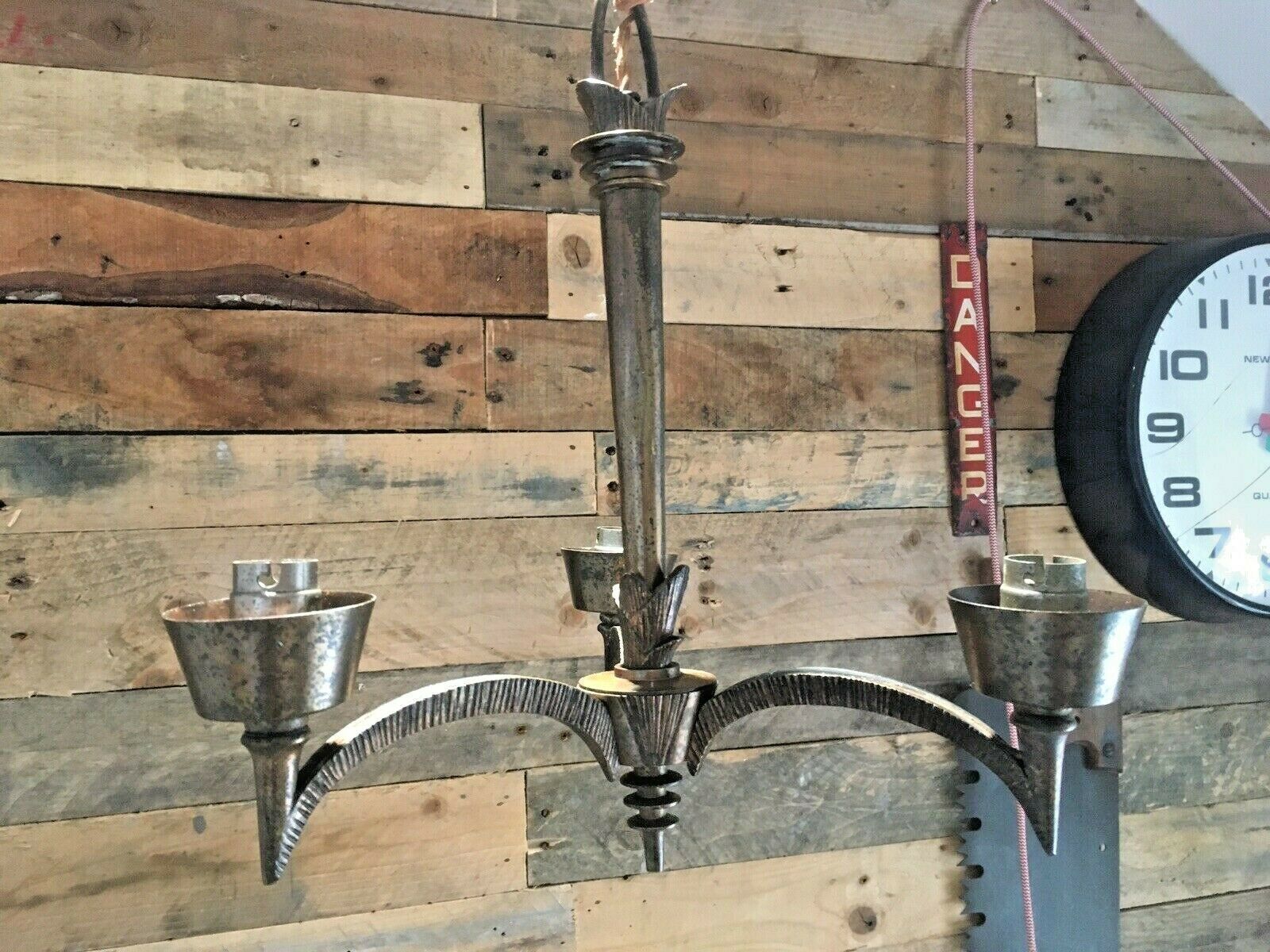 photo furniture Unusual Antique 1920's French Bronze 3 Arm Ceiling Light Chandelier Gothic Discs