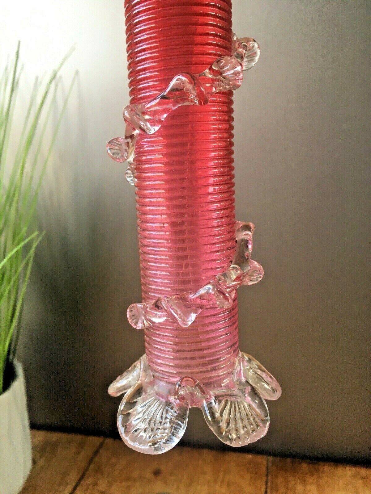 Antique Pink Cranberry Clear Applied Rigaree Footed Ribbed Glass Flower Bud Vase photo Home Decor
