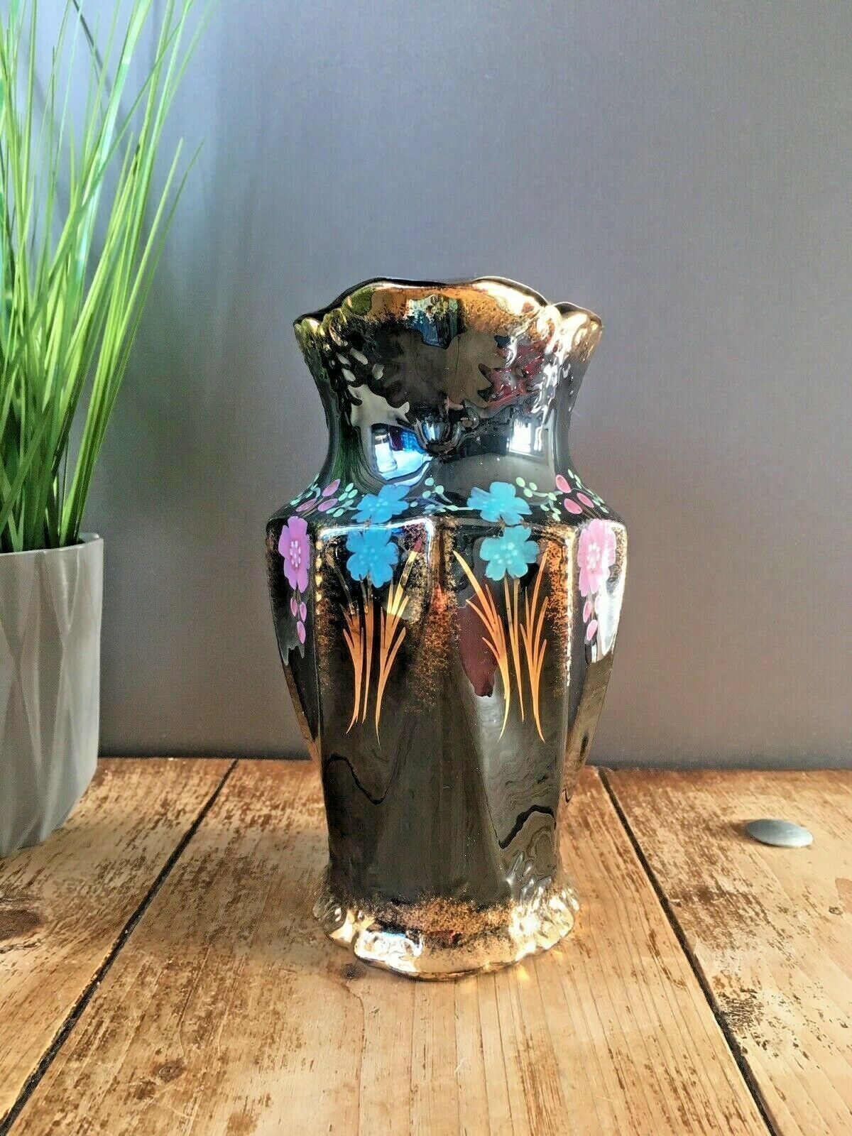 Victorian Jackfield Gilded Floral Pewter Lidded Hot Water Jug Gibsons Jetware photo for sale
