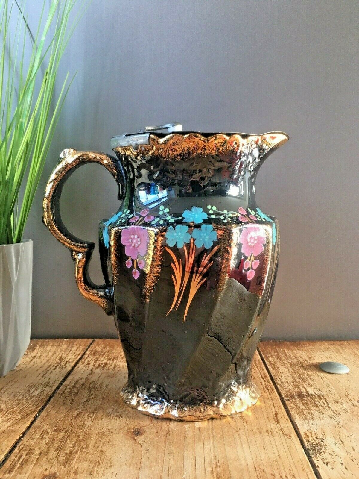 Victorian Jackfield Gilded Floral Pewter Lidded Hot Water Jug Gibsons Jetware photo Home Decor
