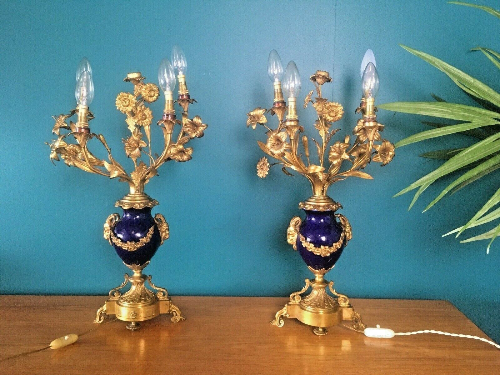 Antique Pair Of Cobalt Ormolu Louis XV Ram Candelabra Lamps Hollywood Regency