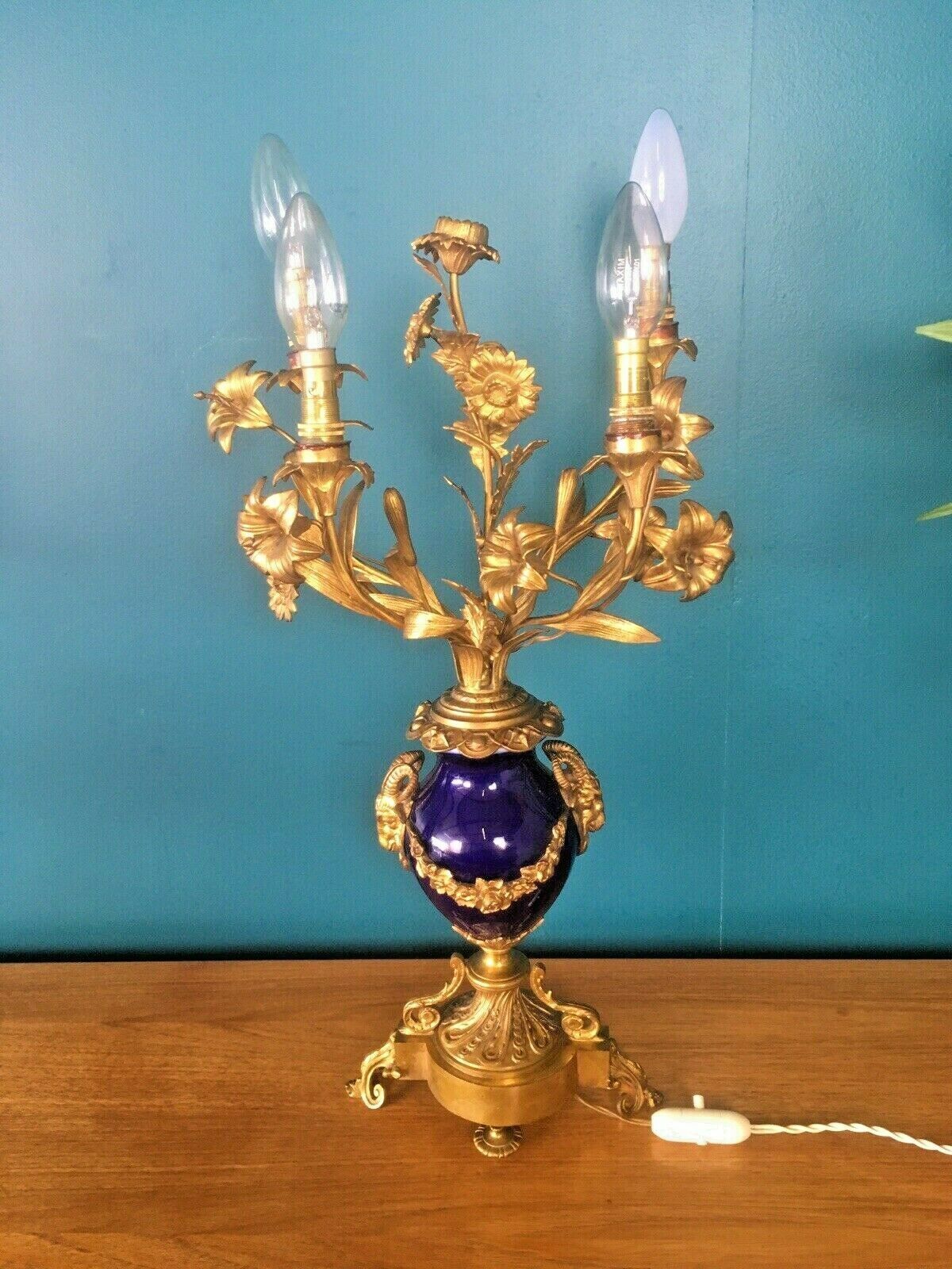 Antique Pair Of Cobalt Ormolu Louis XV Ram Candelabra Lamps Hollywood Regency photo for sale