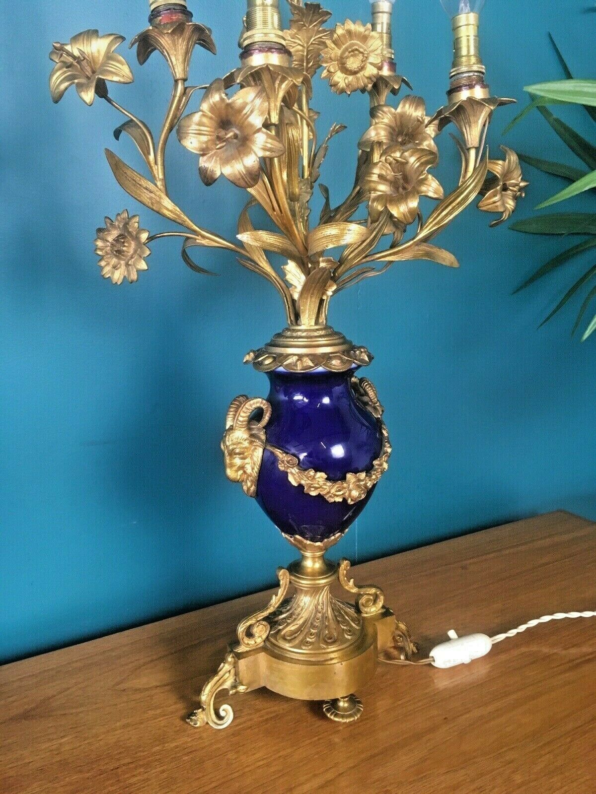 Antique Pair Of Cobalt Ormolu Louis XV Ram Candelabra Lamps Hollywood Regency photo Home Decor