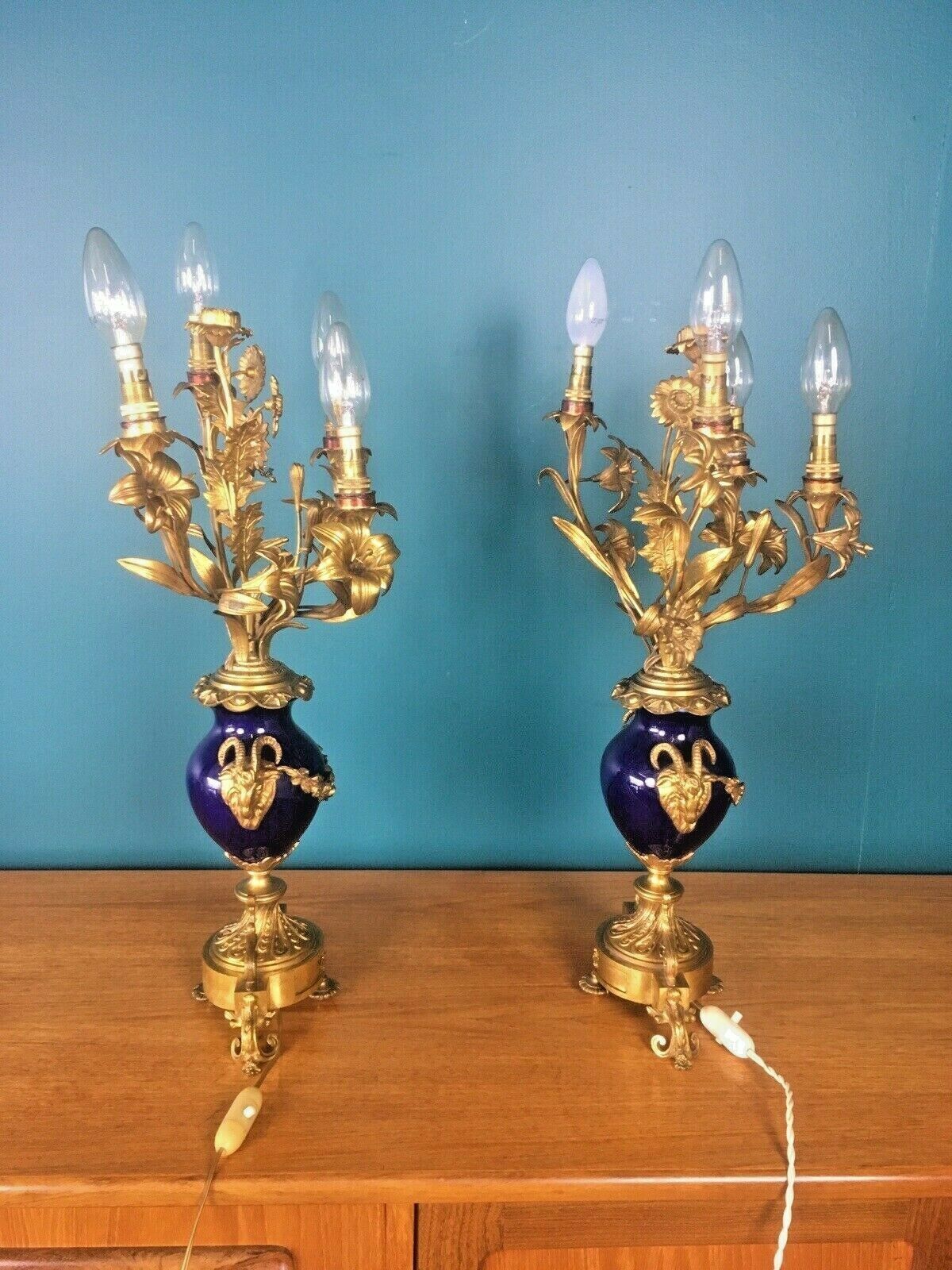 Antique Pair Of Cobalt Ormolu Louis XV Ram Candelabra Lamps Hollywood Regency photo vintage