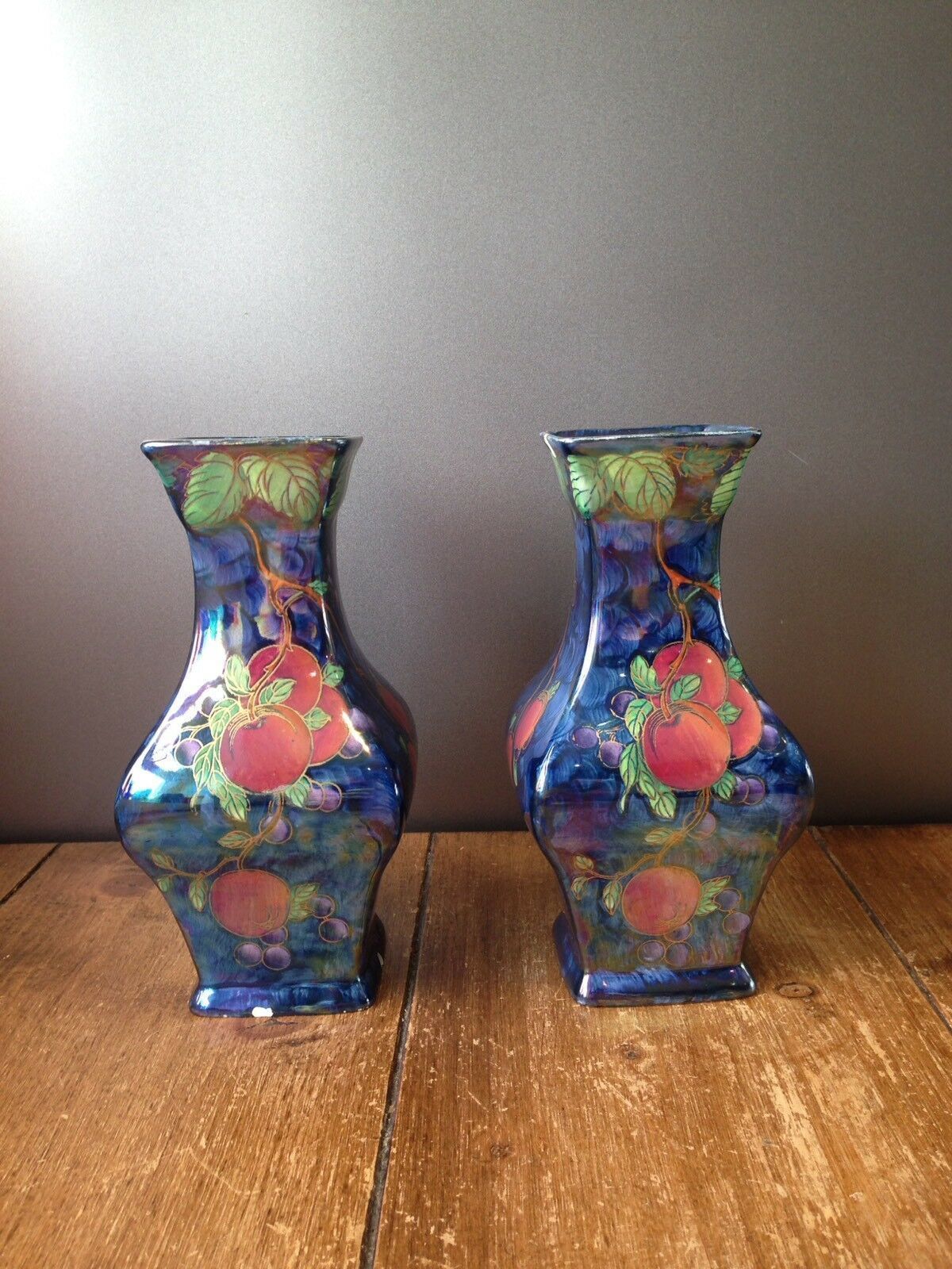C1929 Rare Pair Of Art Deco Maling Plum & Orchard Fruits Blue Lustre Vases 3449 photo for sale
