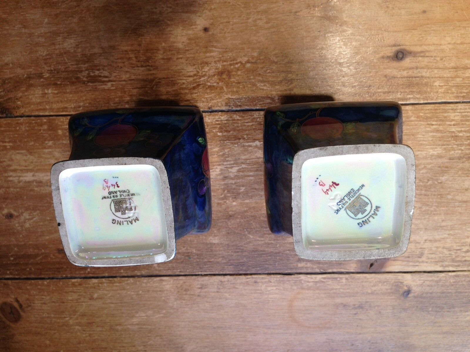 C1929 Rare Pair Of Art Deco Maling Plum & Orchard Fruits Blue Lustre Vases 3449 photo 90.0