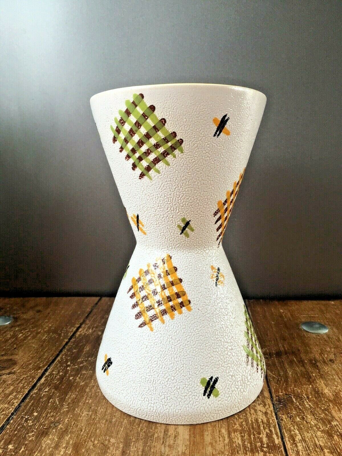 Large Mcm West German Or Italian Pottery Vase Green Orange Gingham Design Retro photo for sale