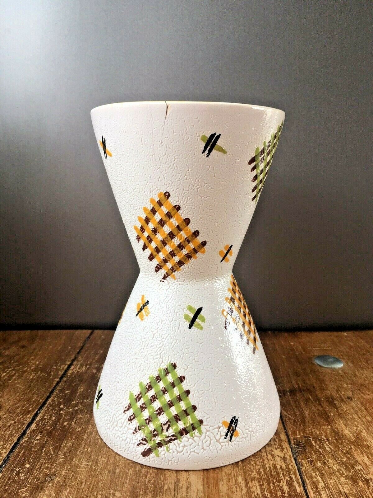 Large Mcm West German Or Italian Pottery Vase Green Orange Gingham Design Retro photo Home Decor