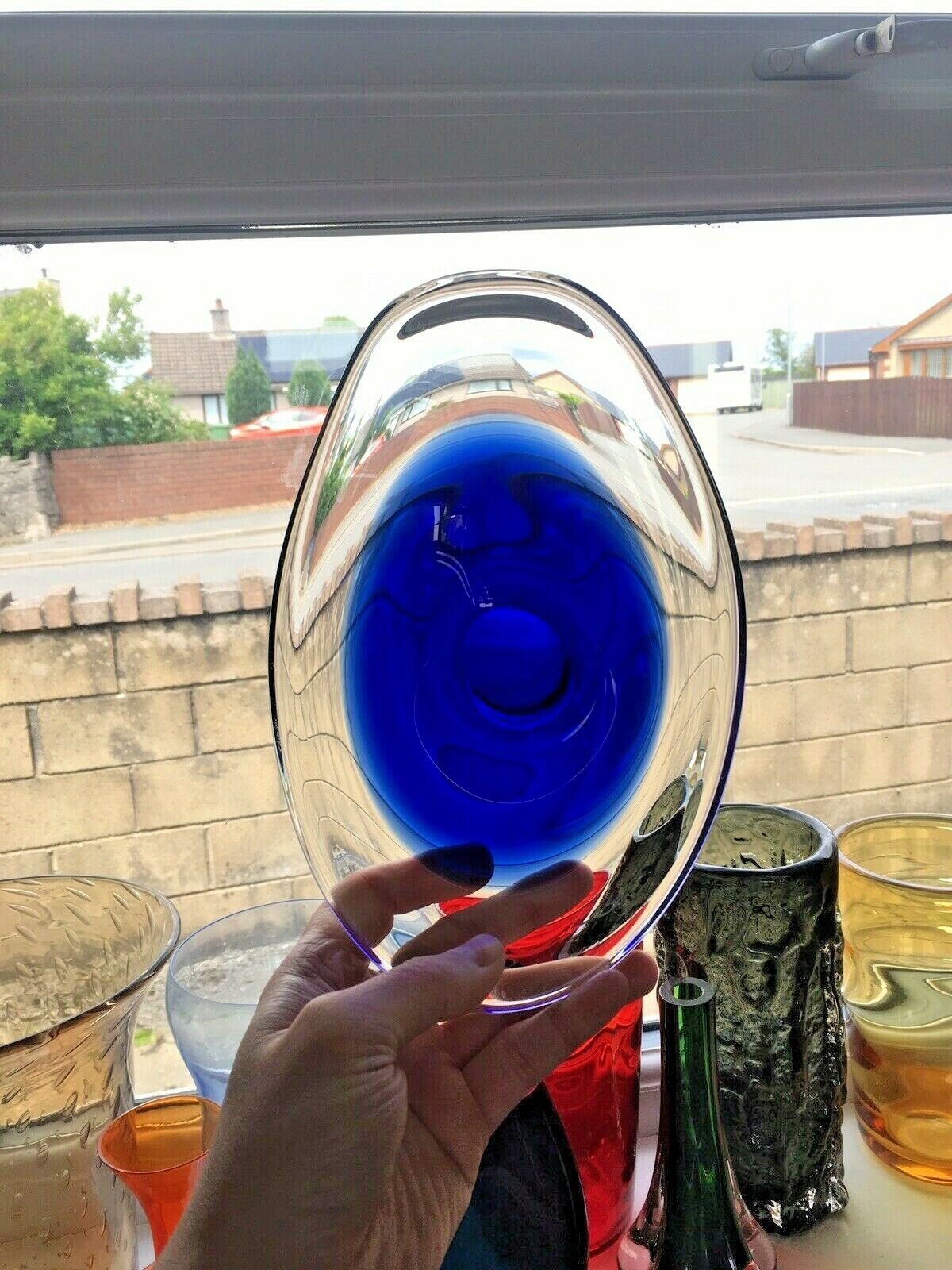photo furniture Mid Century Modern Swedish Flygsfors Blue Freeform Art Glass Bowl   Paul Kedelv