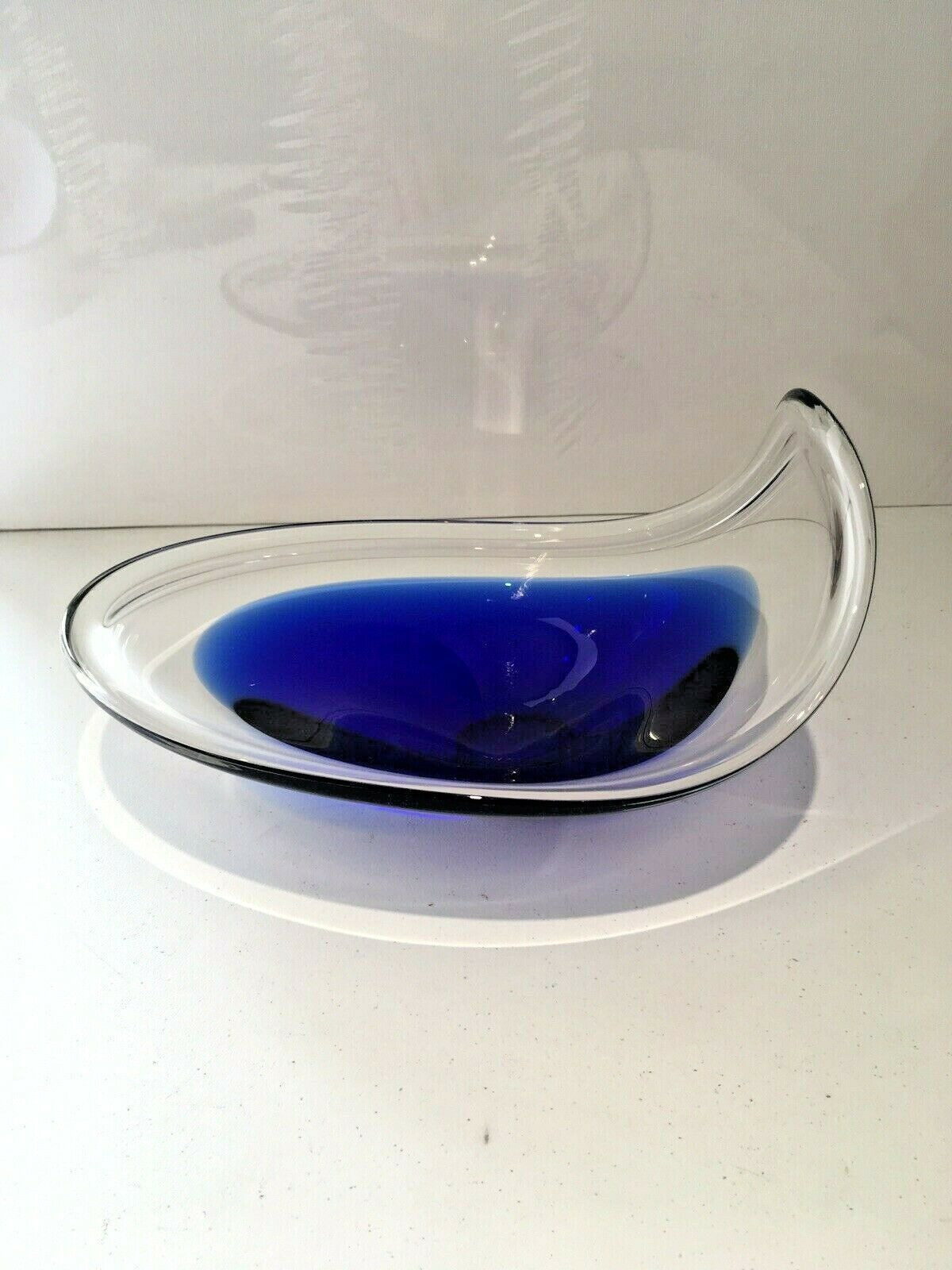 Home Decor Mid Century Modern Swedish Flygsfors Blue Freeform Art Glass Bowl   Paul Kedelv photo