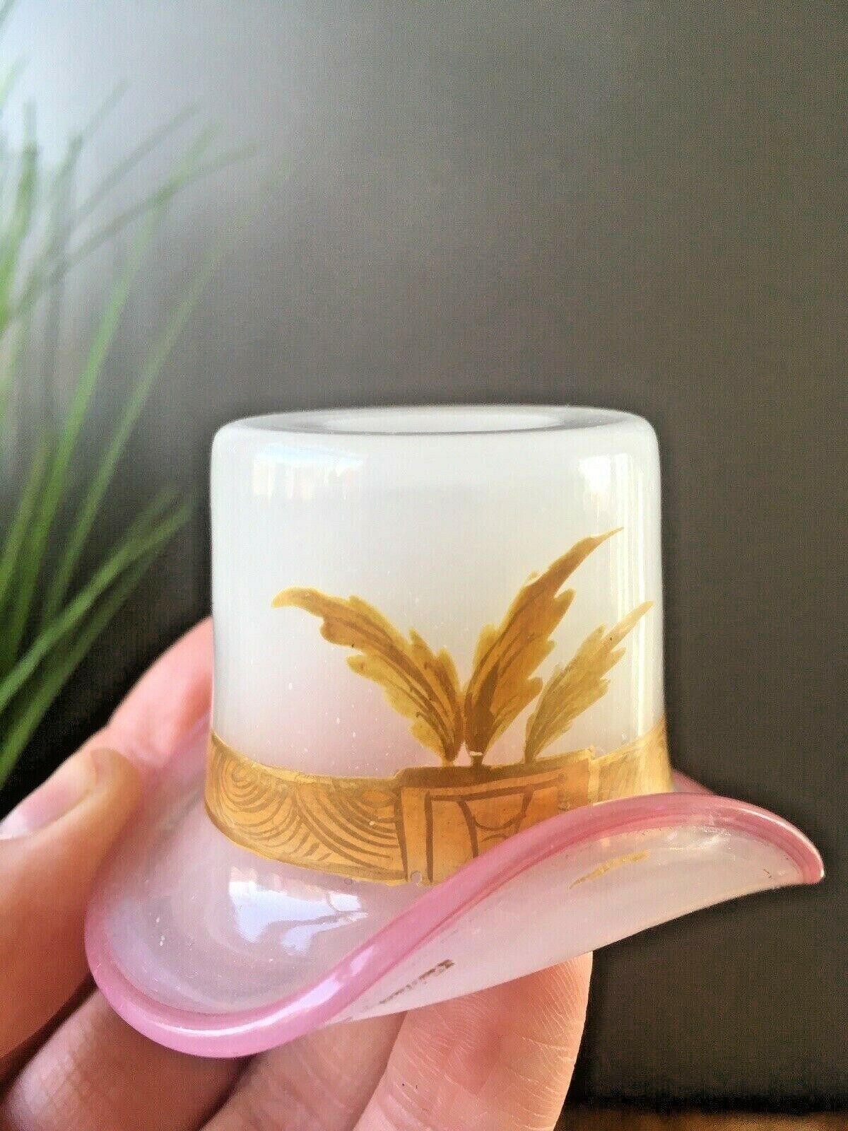 Superb Antique Miniature Opalescent Glass Top Hat Vase Eye Bath Match Holder
