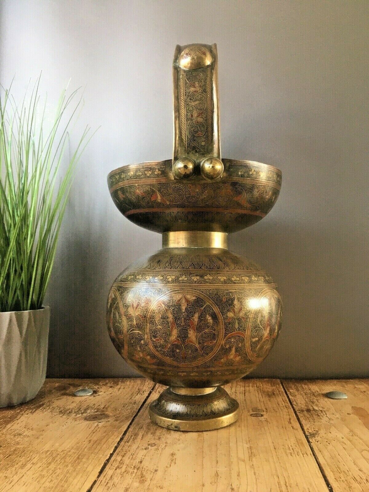 Large Indian Gourd Metal Brass Enamelled Kamandalu Water Jug Pot Vase Vintage photo vintage