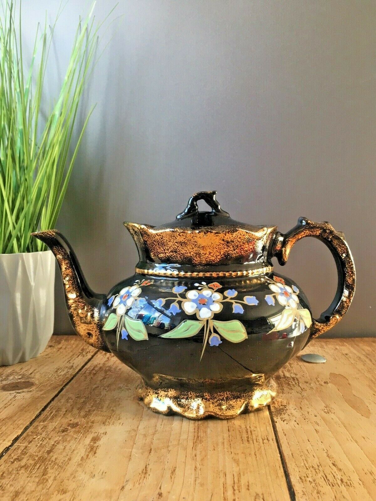 Lovely Antique Victorian Jackfield Black Gold Gilt Floral Teapot Gibsons Jetware