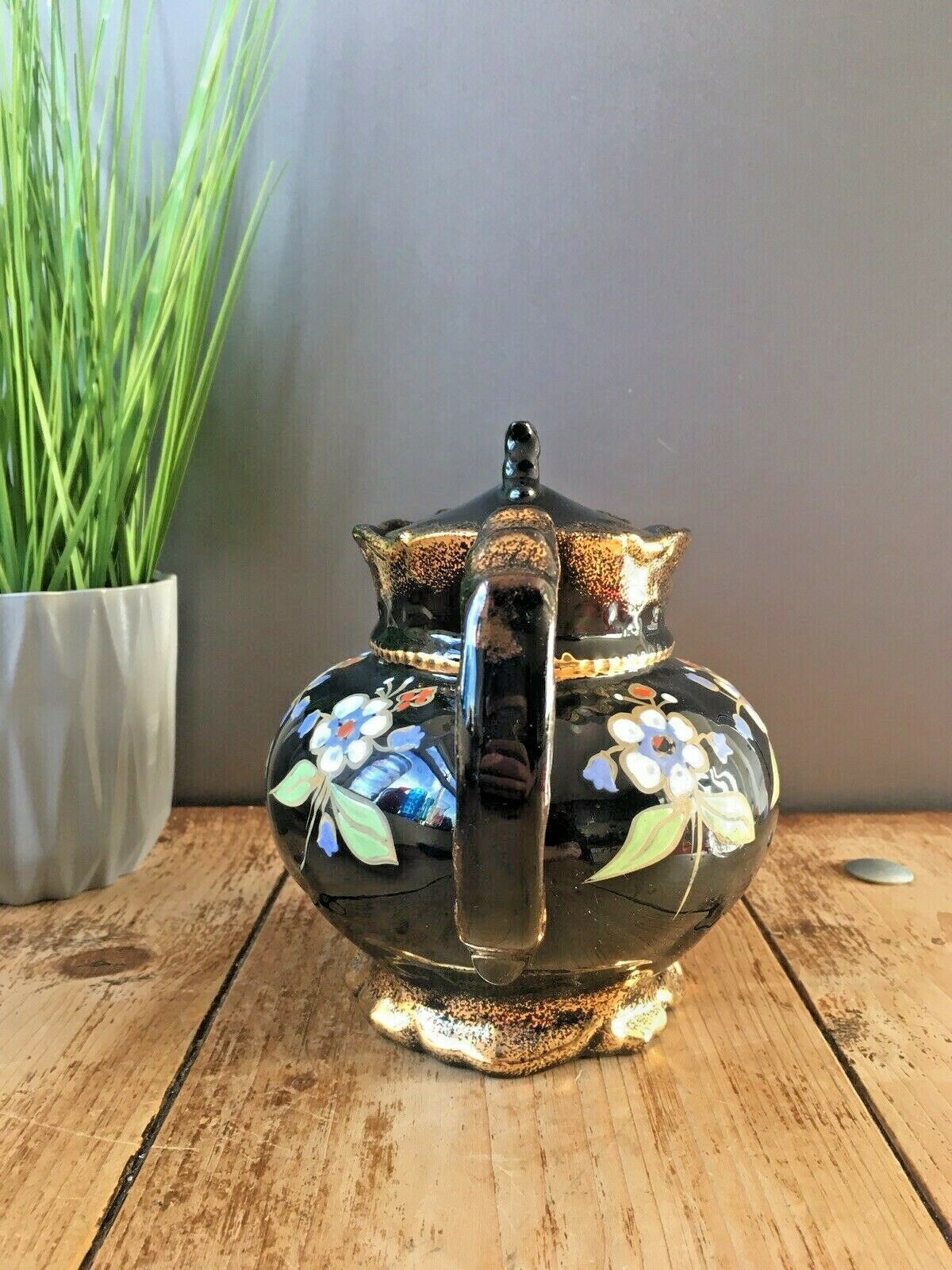 Lovely Antique Victorian Jackfield Black Gold Gilt Floral Teapot Gibsons Jetware photo buy
