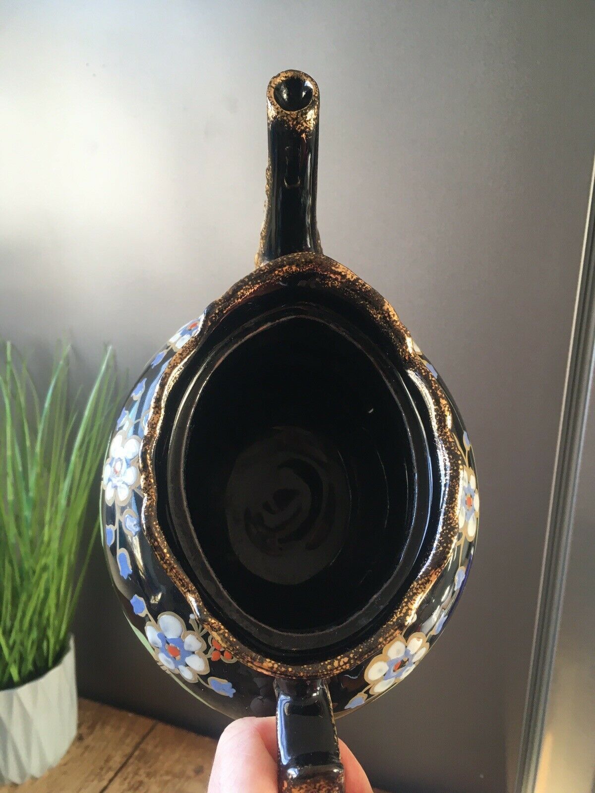 photo furniture Lovely Antique Victorian Jackfield Black Gold Gilt Floral Teapot Gibsons Jetware