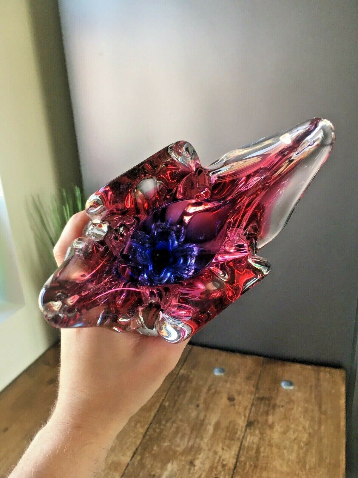 photo vintage Large Heavy Pink Red Blue Czech Chribska Freeform Art Glass Vase Josef Hospodka