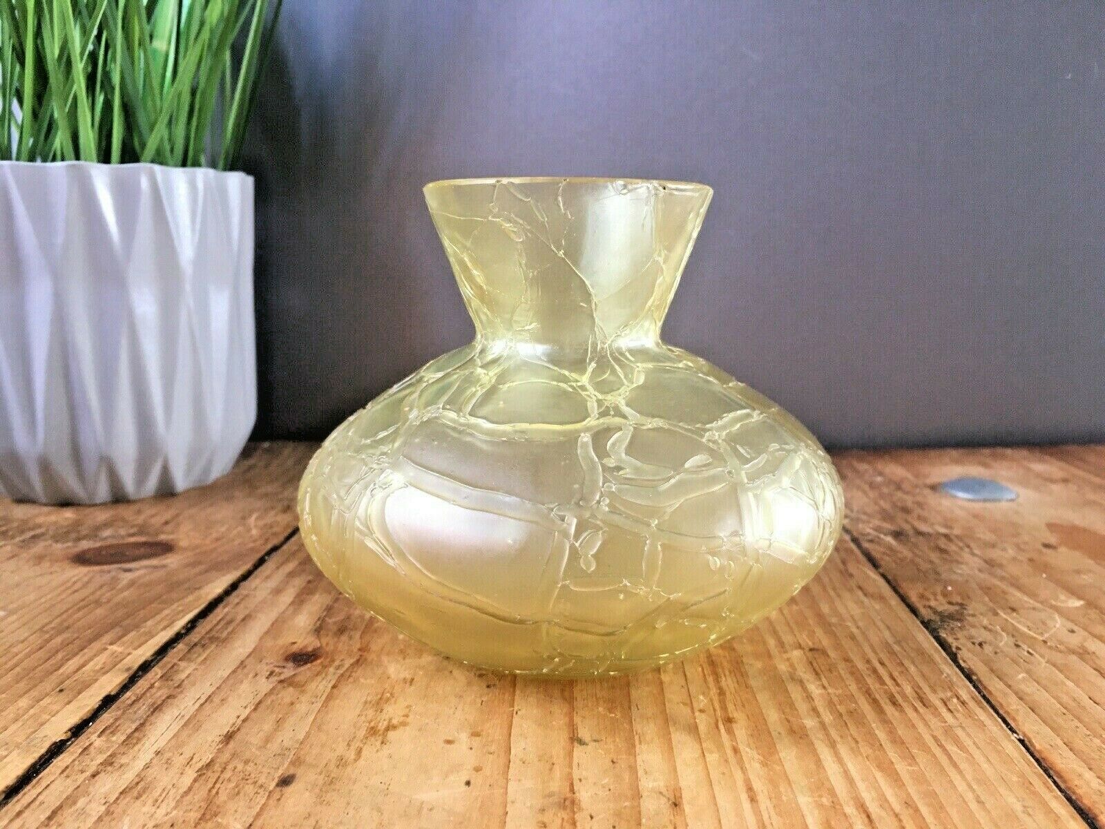 Art Nouveau Bohemian Kralik Citron Yellow Crackle Glass Veined Squat Vase Bowl photo Home Decor