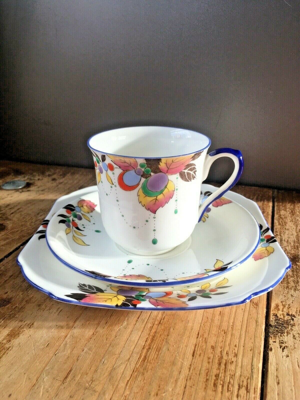 Rare Art Deco Shelley China Autumn Leaf 11702 Pattern Trio Cup Saucer Sideplate