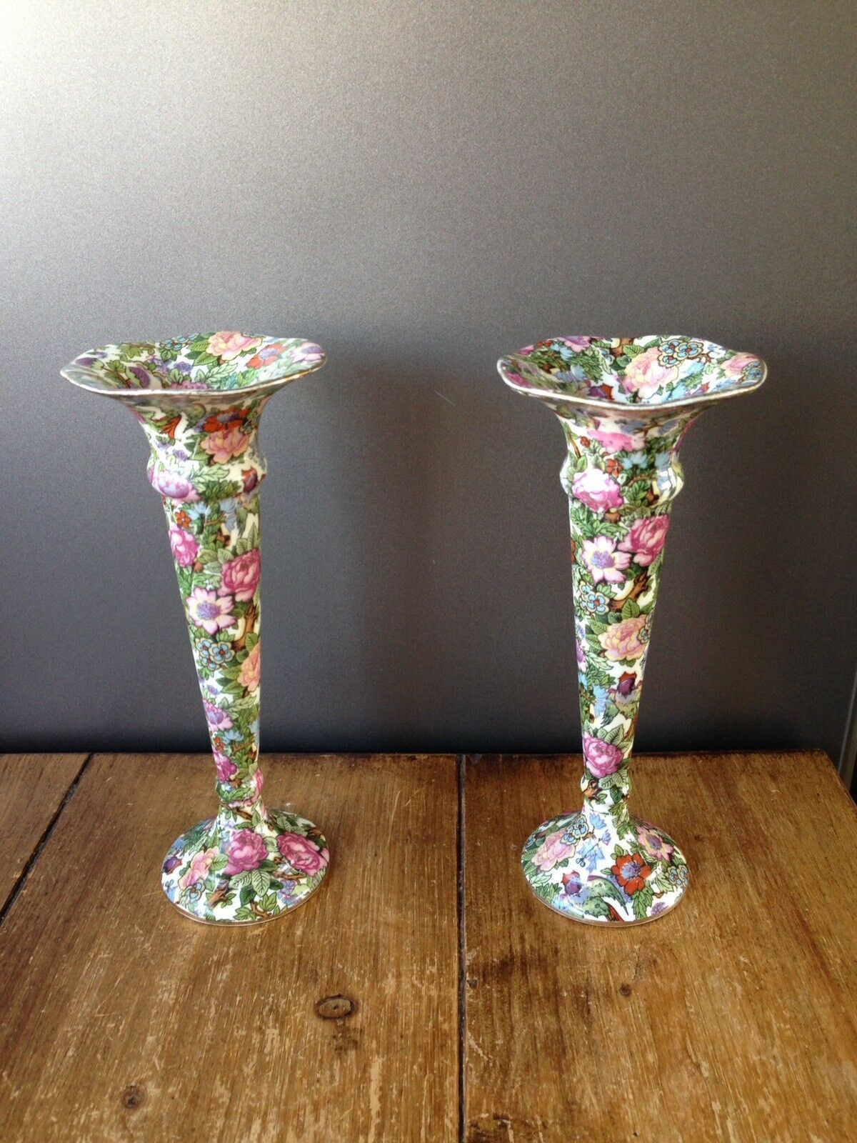 Pair Of Art Deco Crown Ducal Floral Victoria Chintz Bud Candle Holders