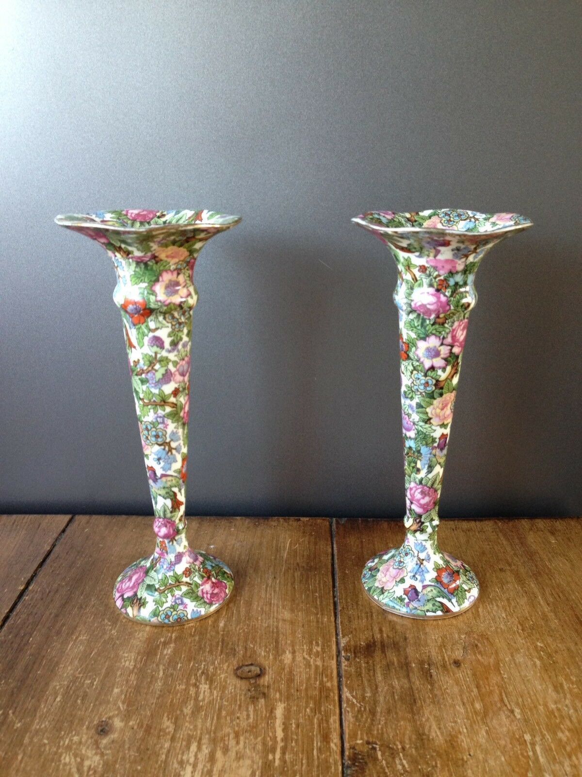 Pair Of Art Deco Crown Ducal Floral Victoria Chintz Bud Candle Holders photo vinterior
