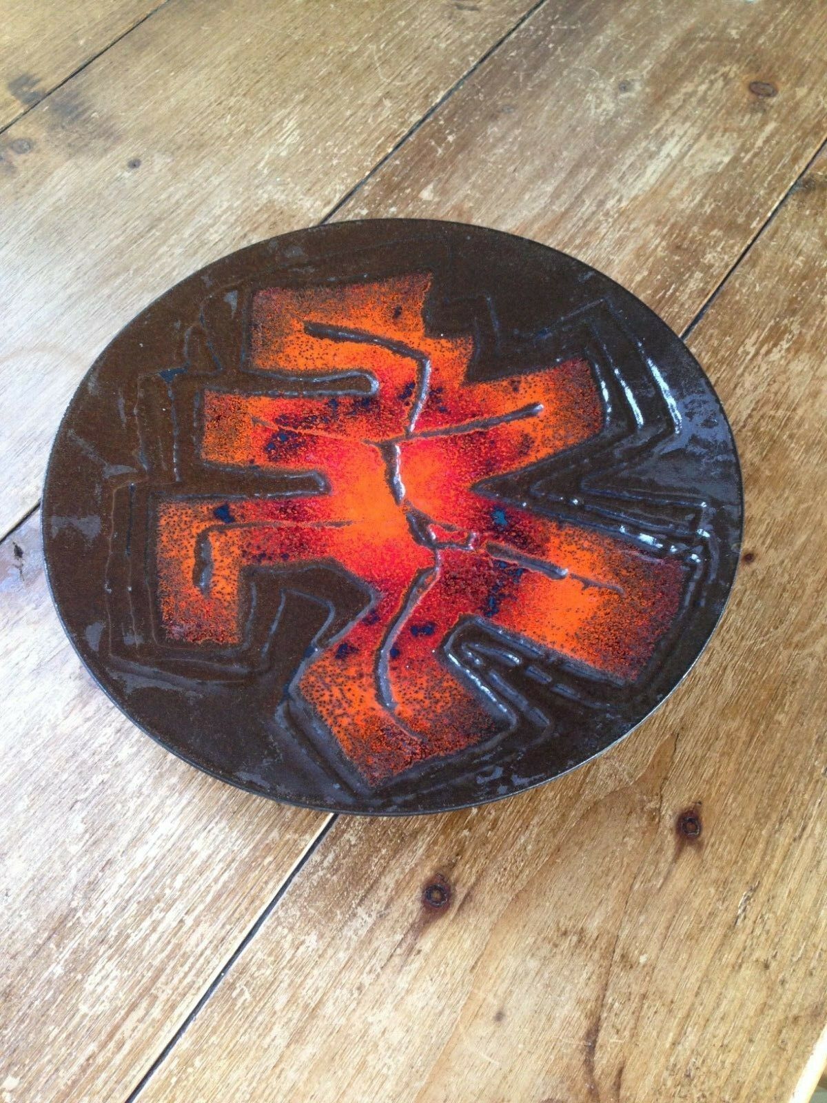 photo for sale Dutch Mid Century Richard Braun Orange Abstract Enamel Dish Bowl Ijmuiden Steel