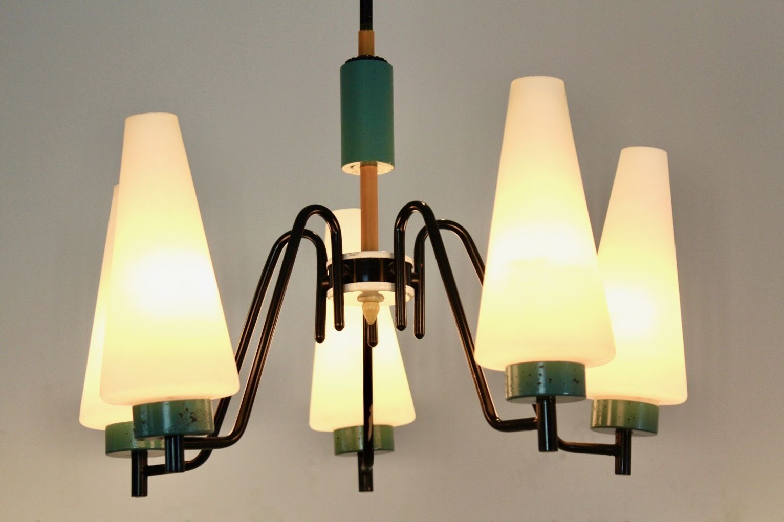 Dutch Steel, Wood & Opaline Glass Pendant photo 1026.48