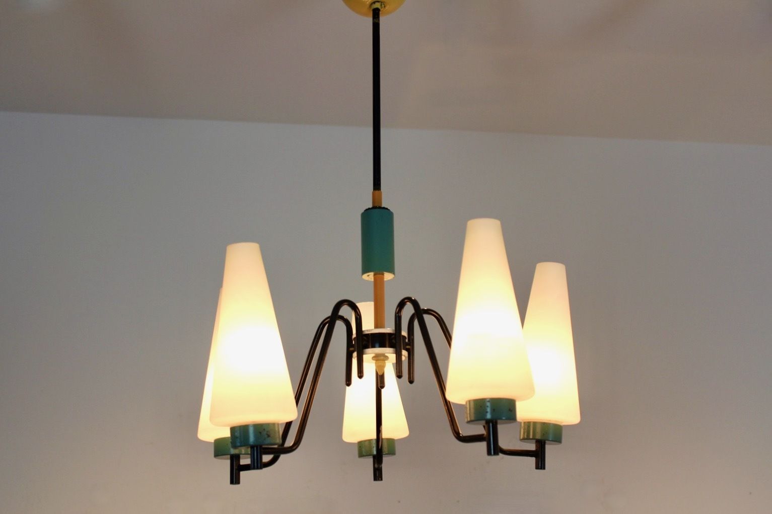 Dutch Steel, Wood & Opaline Glass Pendant photo buy