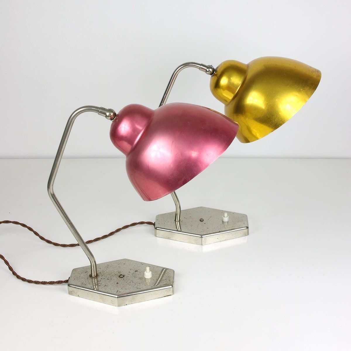 Mid Century Gold And Red Table Lamps, 1950s, Set Of 2