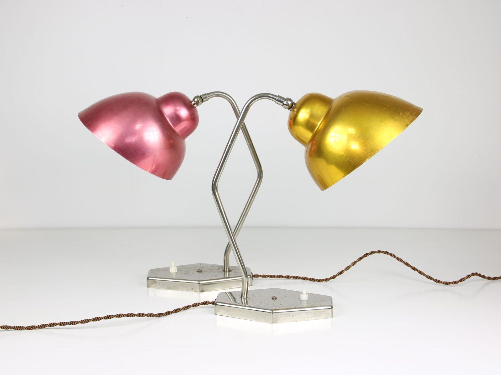 Mid Century Gold And Red Table Lamps, 1950s, Set Of 2 photo for sale